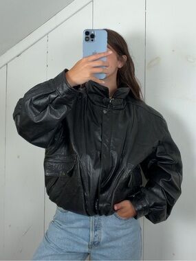 Vintage Berman's Black Genuine Leather Bomber Jacket Men's XL Funnel Neck 90s